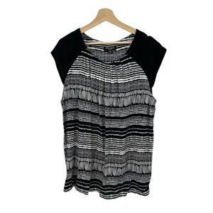 Red Coral Black White Striped Abstract Print Blouse